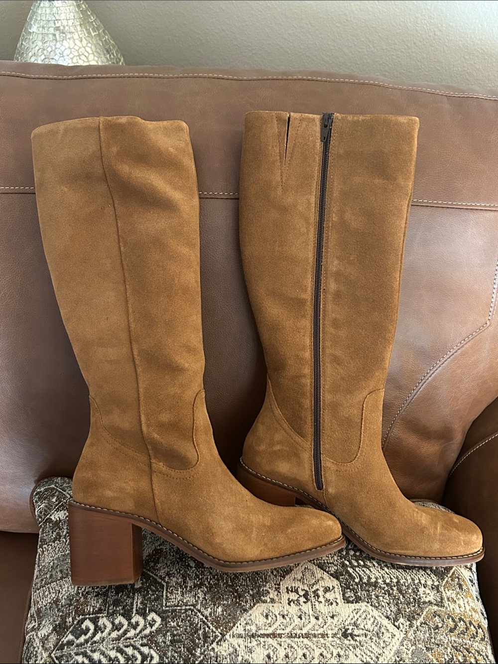 Patina x Portland Leather | Women's Tall Suede Block-Heel Boots in Tan